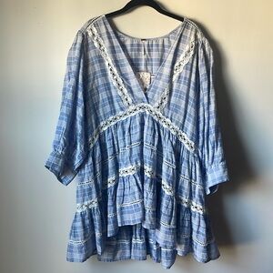 Baby Doll Boho Plaid & Lace Time Out Tunic Top Large Free People